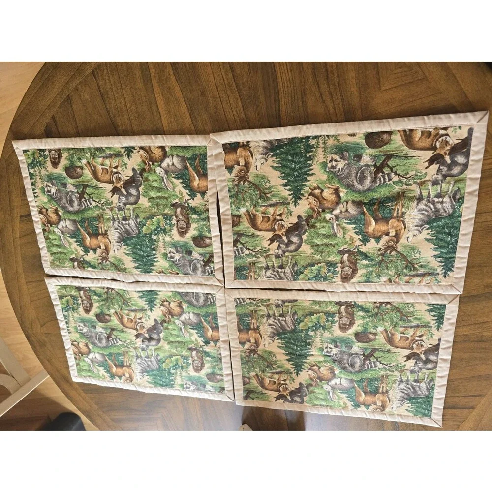 Vintage Woodland Forest Animal Placemats Set of 4 Deer Wolf Fox Raccoon Rabbit